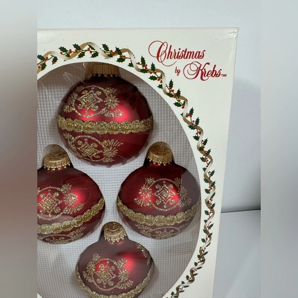 Elegant glass Christmas burgundy, gold ornaments by Krebs